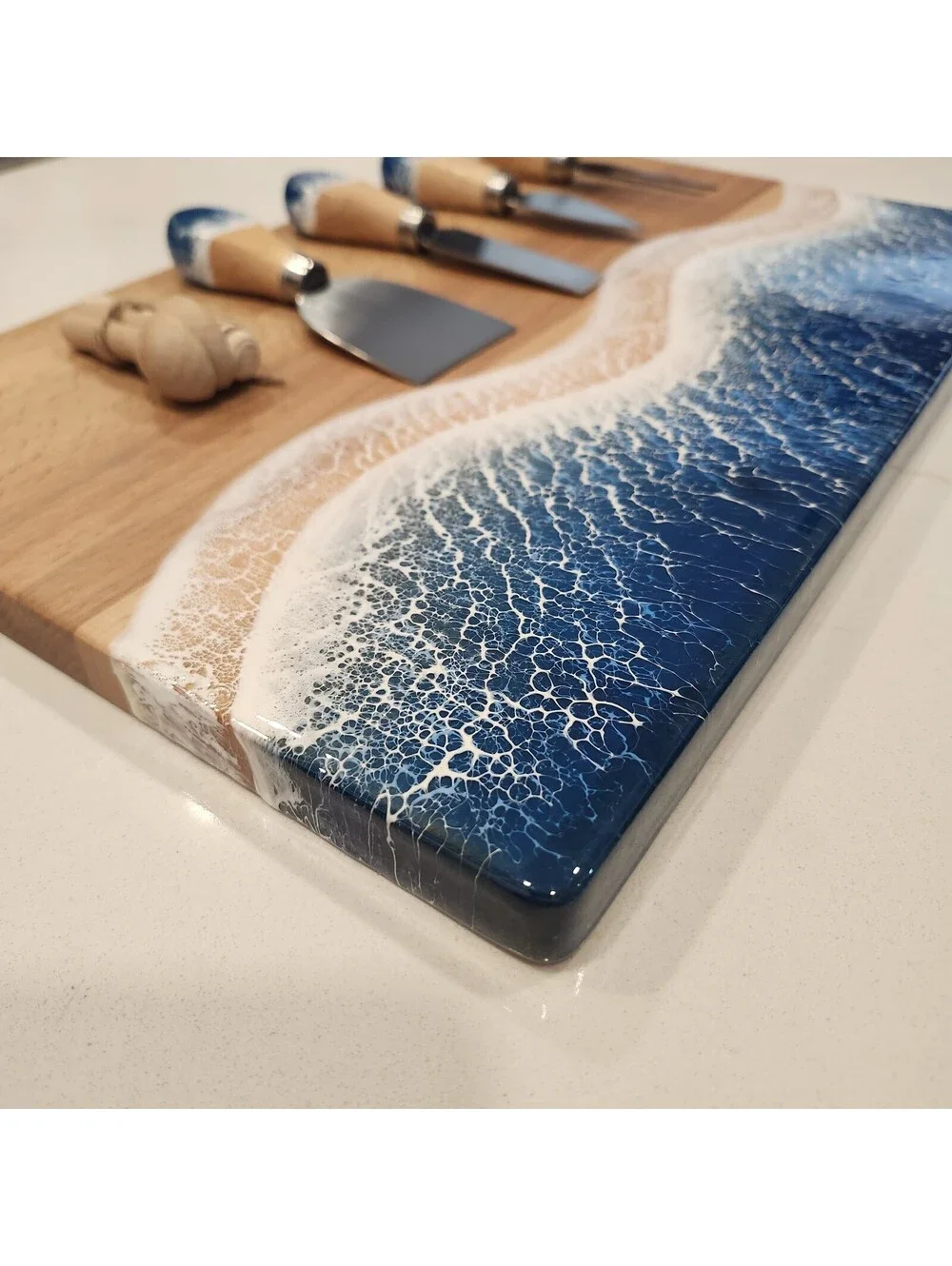 Menec Wood Ocean Resin Charcuterie Cheese Board w/Accessories New Knife Fork